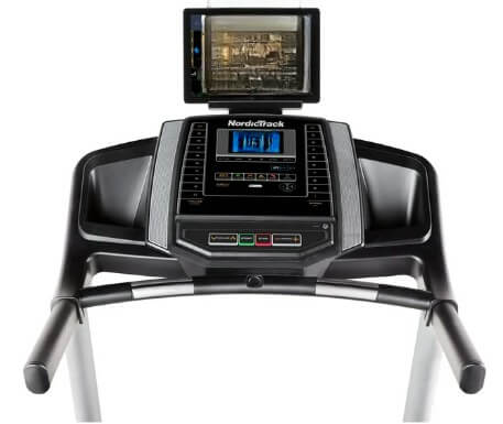 The console of the NordicTrack T6.5S Treadmill with a tablet attached to it